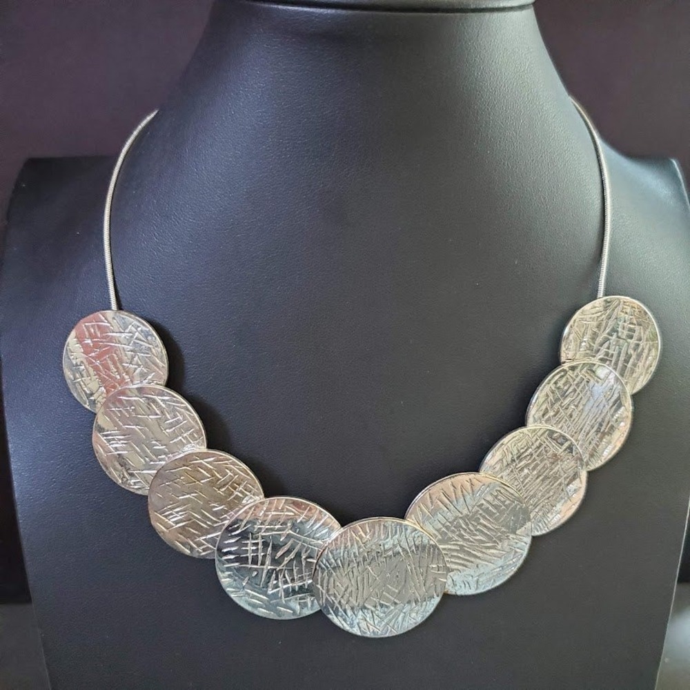 Erica Lyons Silver Tone Textured Disc Bib Statement Necklace Modernist